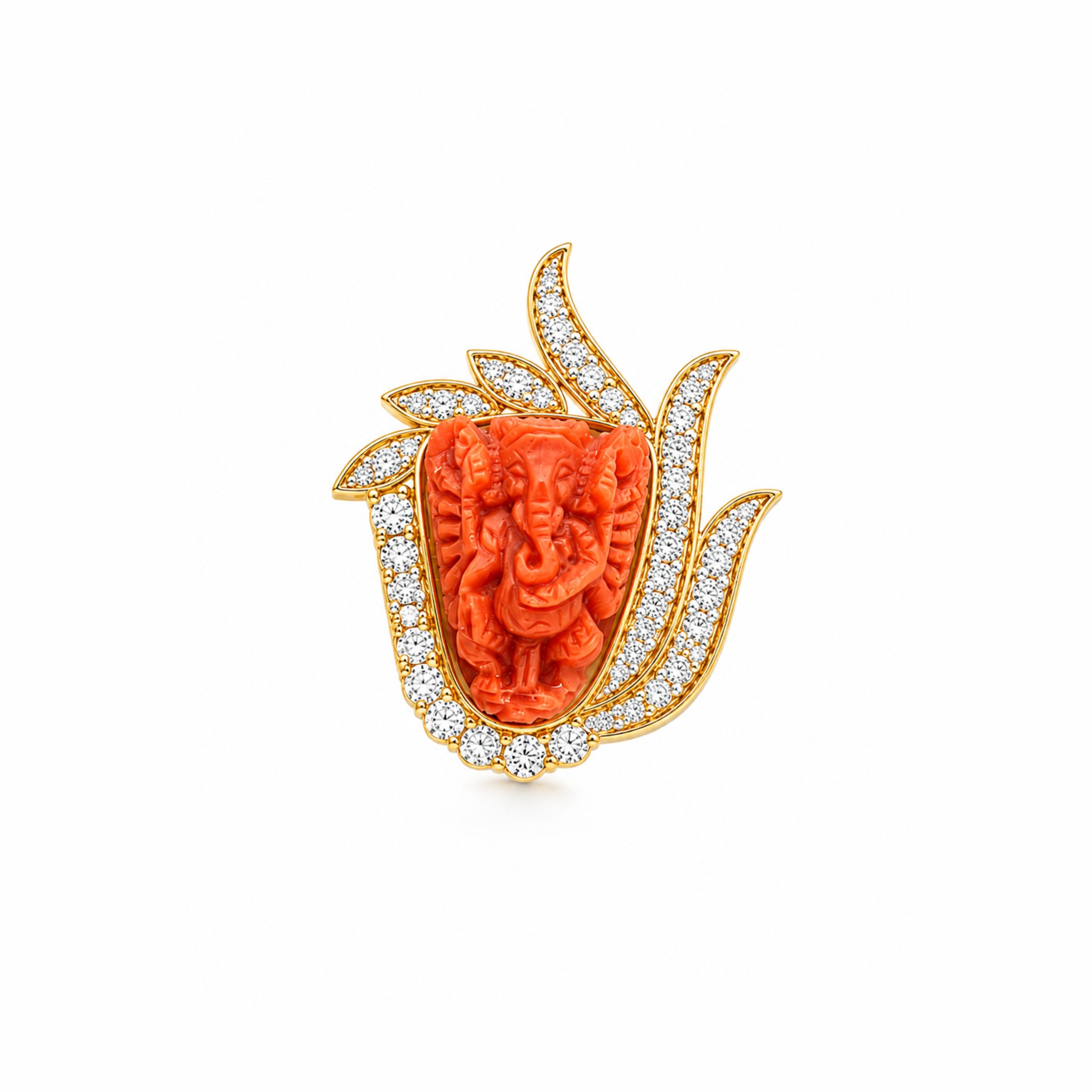 18K Coral Ganesh Diamond Pendant