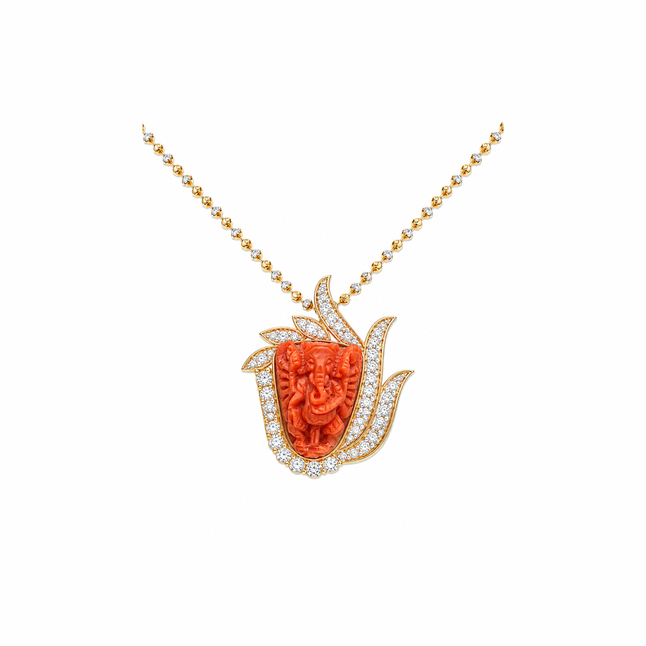 18K Coral Ganesh Diamond Pendant