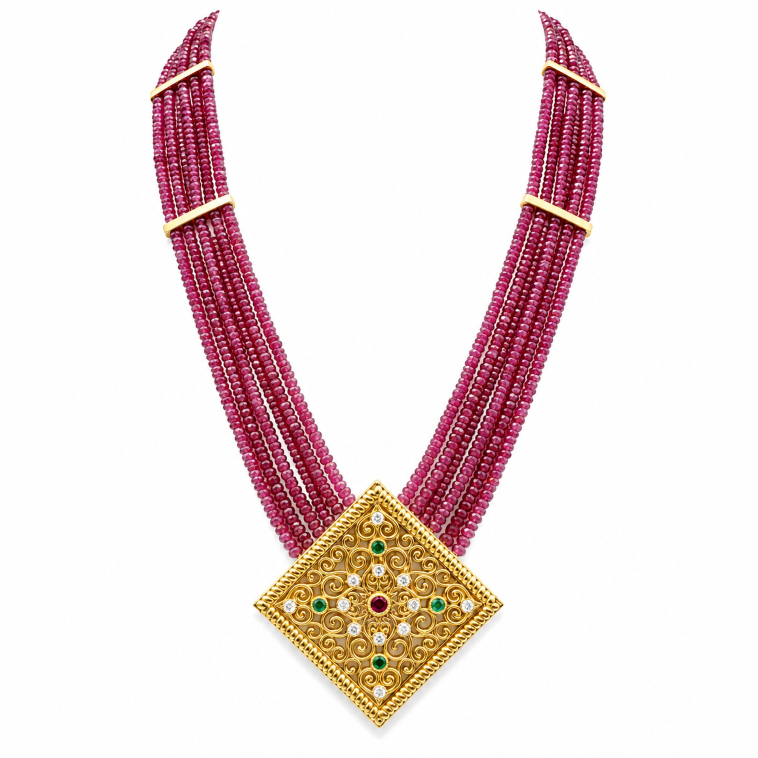 18K Diamond with Uncut Ruby-Emerald Necklace